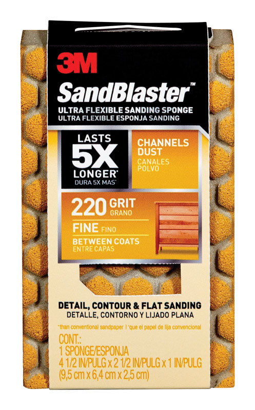 3M COMPANY, 3M Sandblaster 4-1/2 in. L X 2-1/2 in. W X 1 in. 220 Grit Fine Flat Surface Sanding Sponge