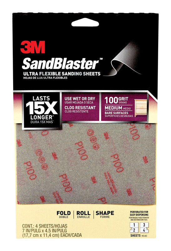 3M COMPANY, 3M  Sandblaster  7 in. L x 4-1/2 in. W 100 Grit Medium  Aluminum Oxide  Sandpaper  4 pk