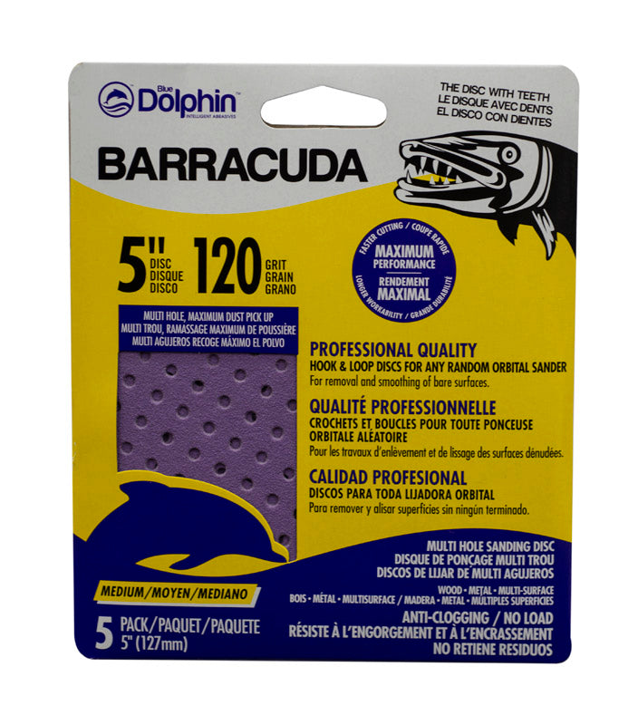 LINZER PRODUCTS CORP, Blue Dolphin Barracuda 5 in. Aluminum Oxide Hook and Loop Sanding Disc 120 Grit Medium 5 pk