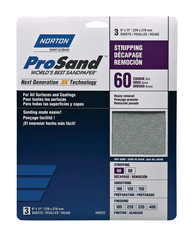 SAINT-GOBAIN ABRASIVES INC, Norton ProSand 11 in. L X 9 in. W 60 Grit Aluminum Oxide Sandpaper 3 pk