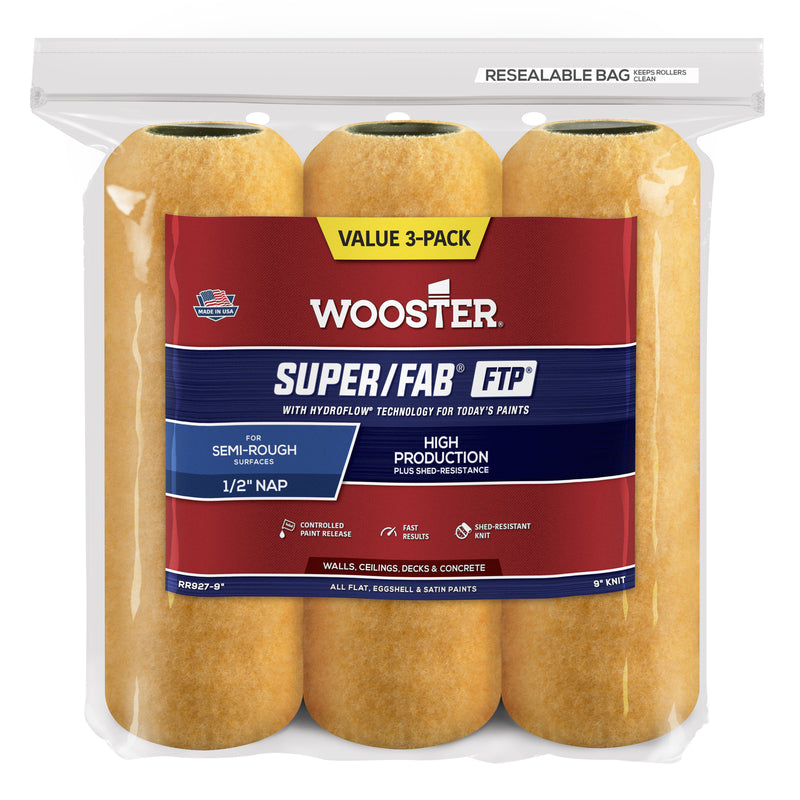 THE WOOSTER BRUSH CO, Wooster Super/Fab Synthetic Blend 9 in. W X 1/2 in. Paint Roller Cover 3 pk